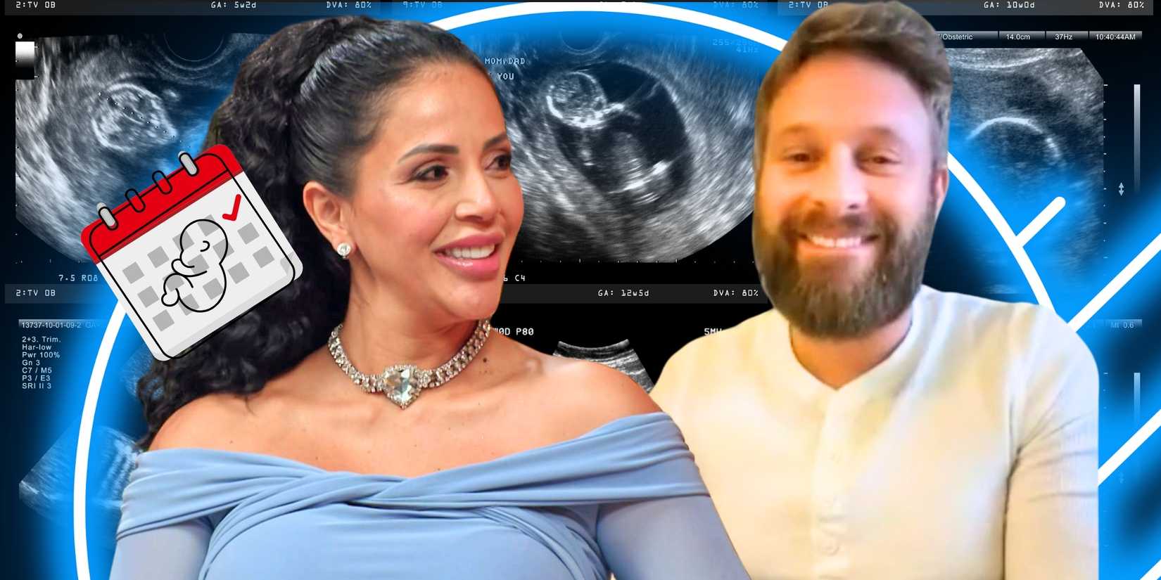 90 Day Fiancé's Jasmine Pineda & Matt Branis smile, with a sonogram and calendar in the background.