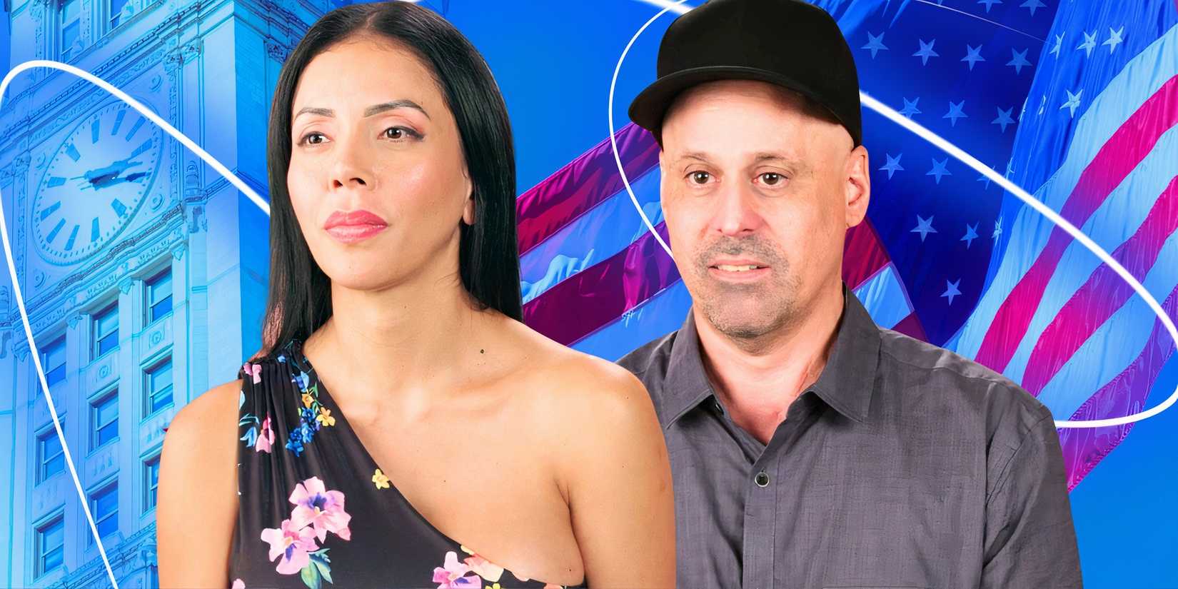 90 Day Fiancé Jasmine Pineda Gino Palazzolo with serious expressions and American flag background.