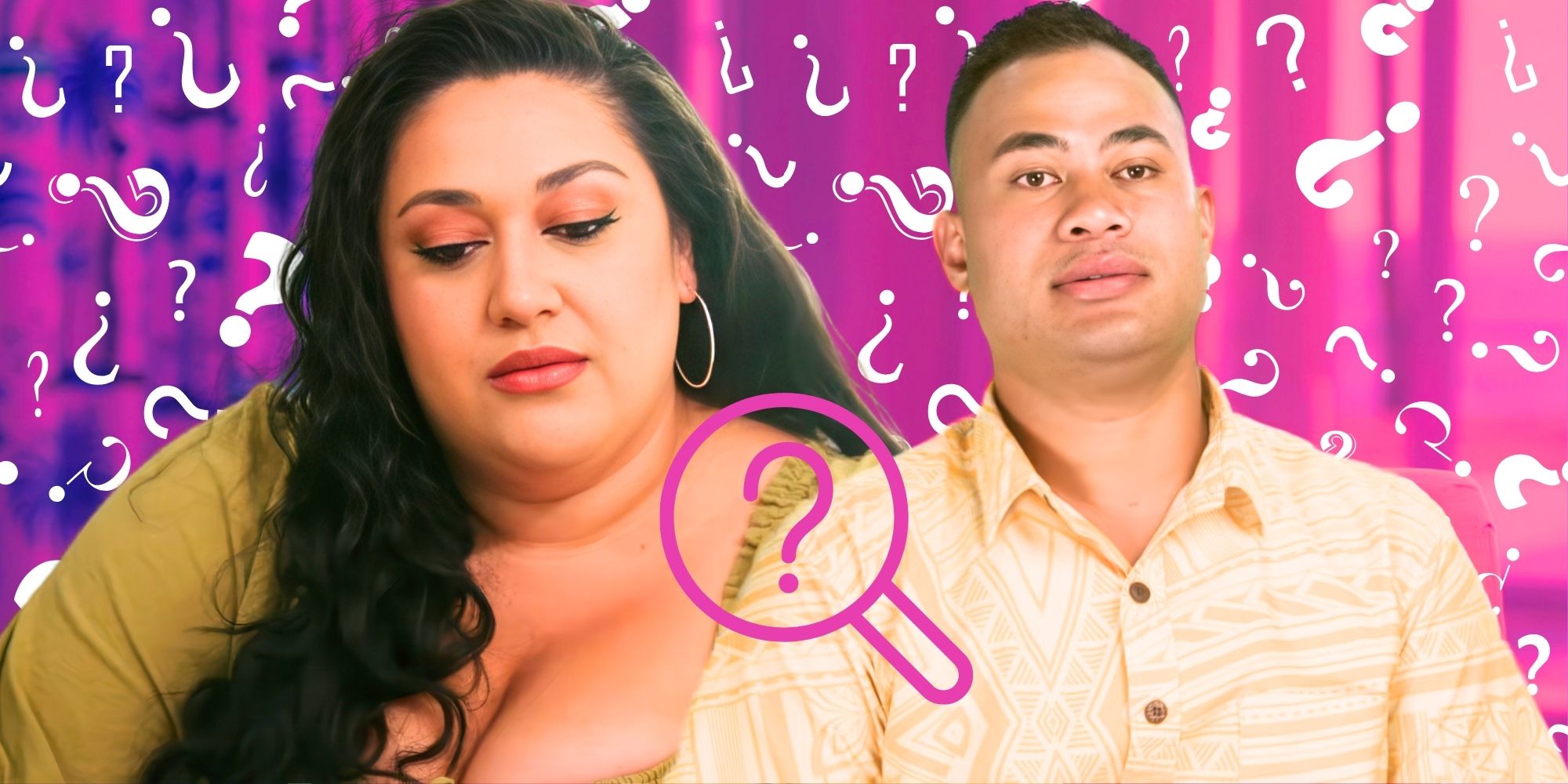 90 Day FIance Kalani Faagata &amp; Asuelu Pulaa in side by side images with different expressions &amp; question mark background