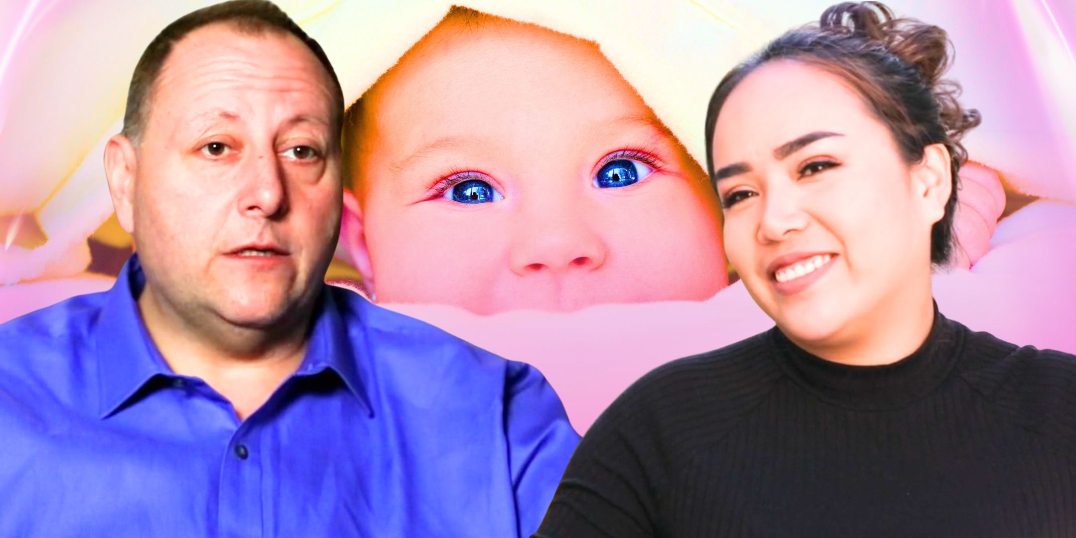 90 Day Fiancé's David Toborowsky looks serious and Annie Suwan smiles, with a baby in between them
