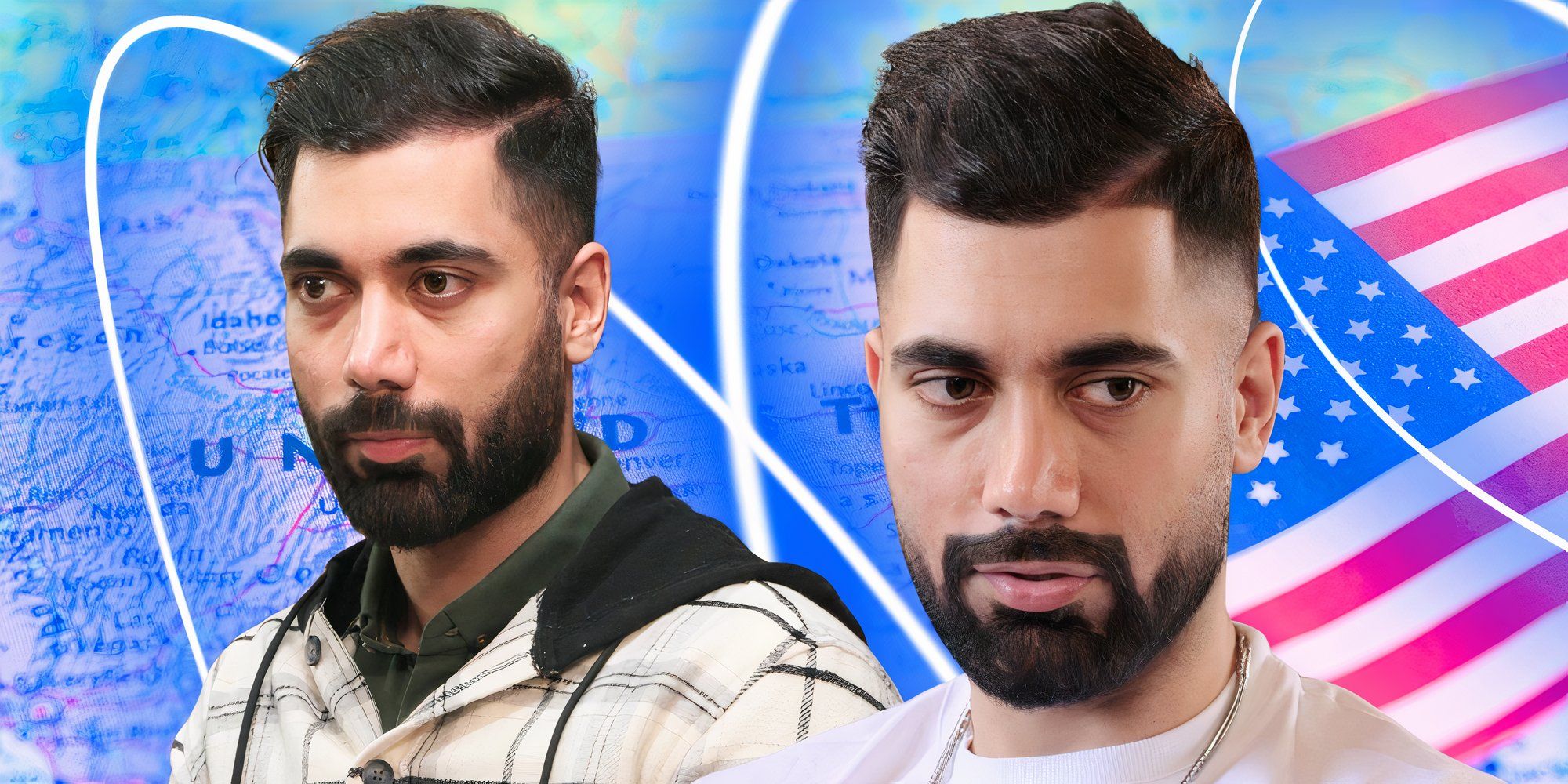 90 day fiance season 11 star Mahdi Al Saadi in two serious poses in montage with american background