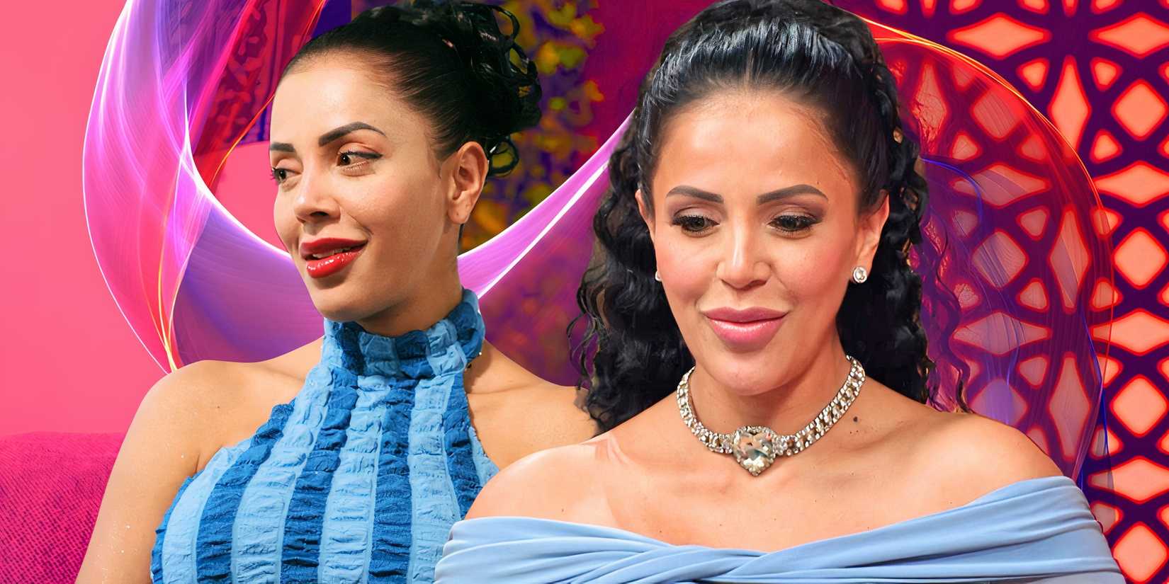 90 day fiance star jasmine pineda in two poses in pale blue outfits with pink background