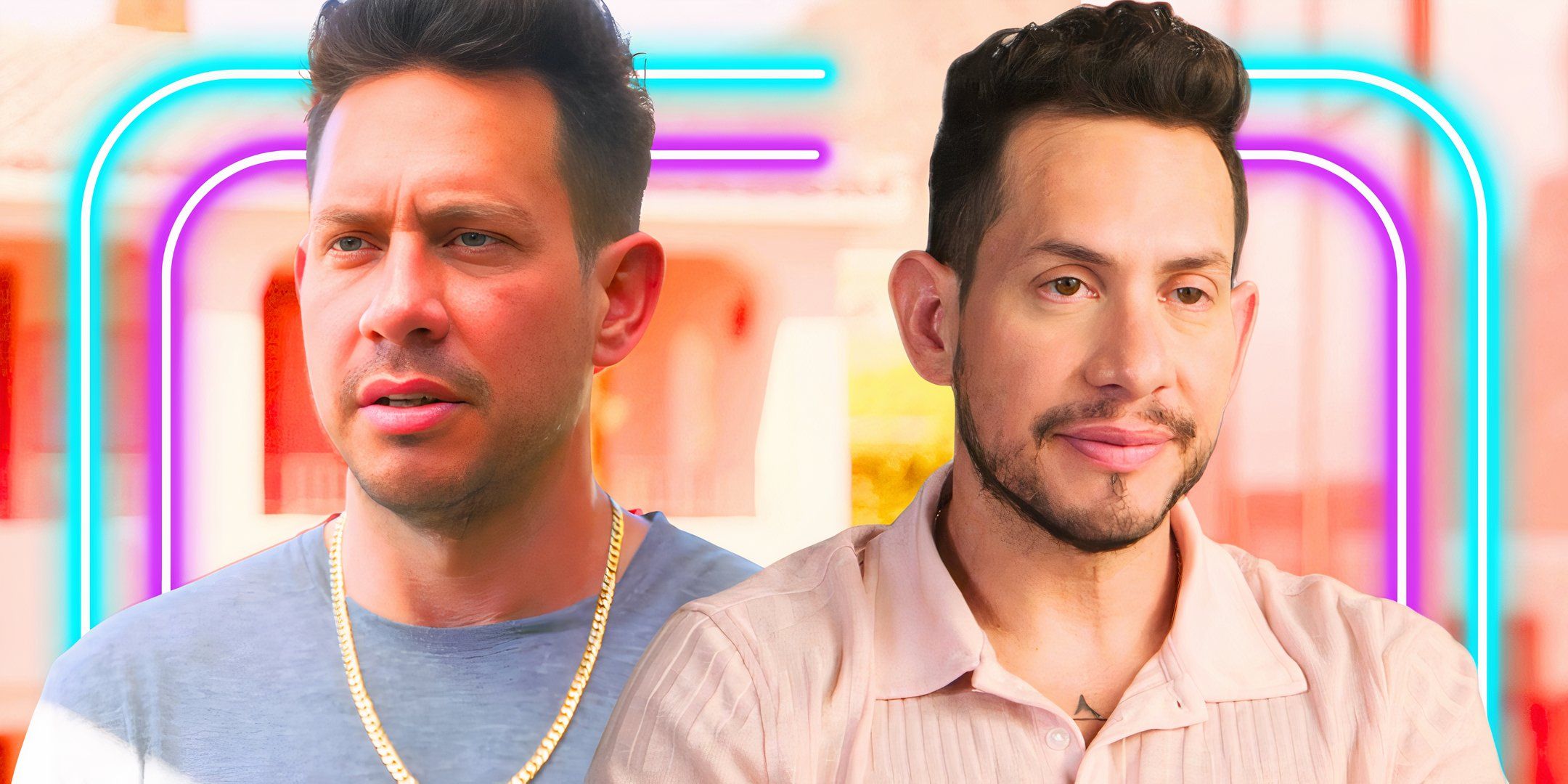 90 Day Fiance star Josh Weinstein in somber montage with two poses and pastel accent backgrounds