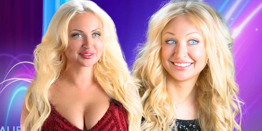 90 Day Fiance star Natalie Mordovtseva in two happy poses with pretty pastel background