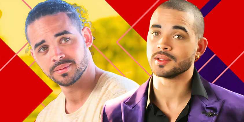 90 day fiance star rob warne in two confident poses in montage with red and yellow patterns