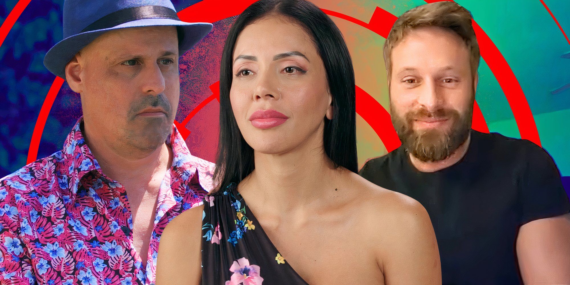 90 day fiance stars gino palazzolo jasmine pineda and matt branis in montage with her looking sad