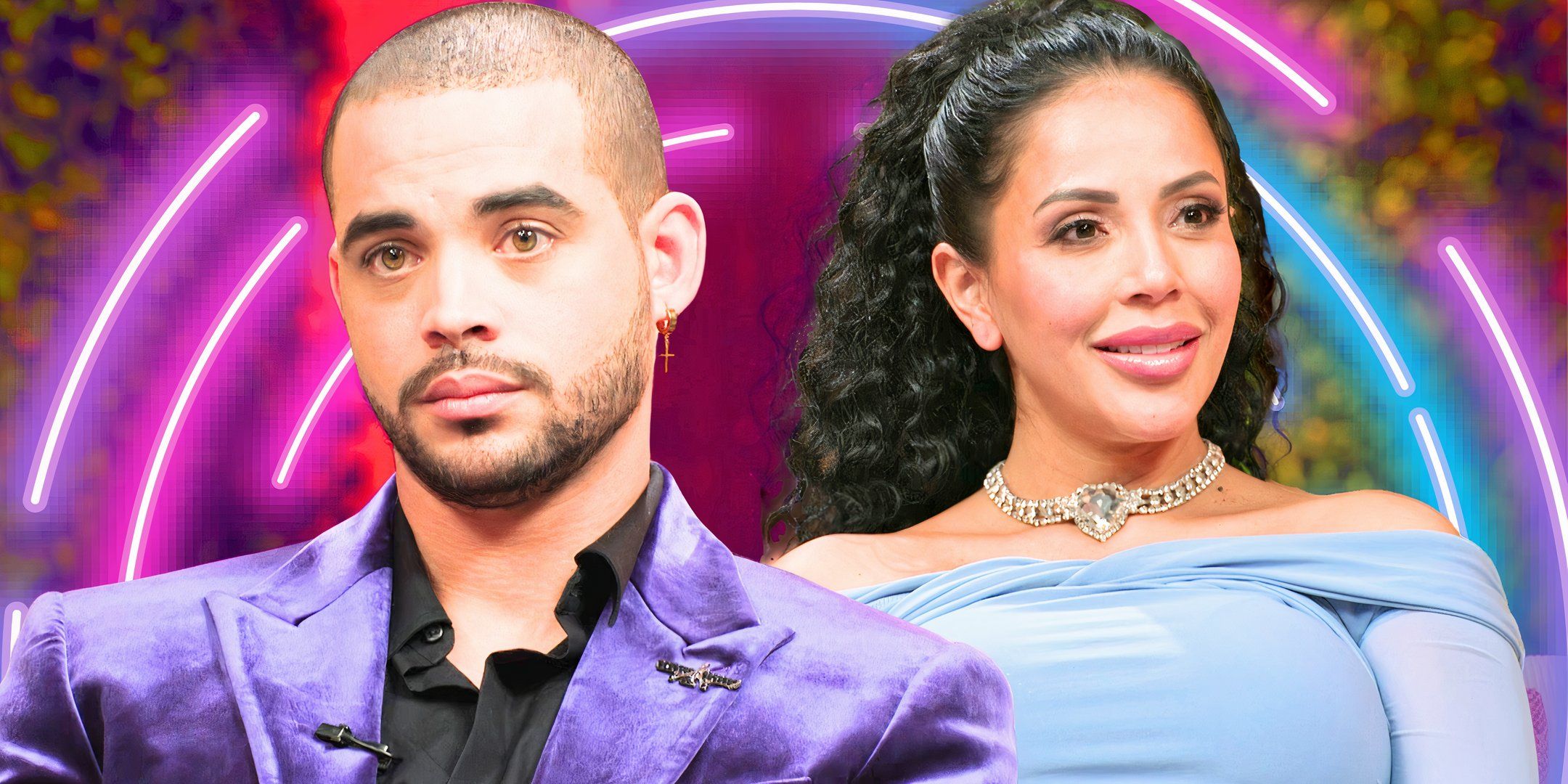 90 day fiance stars rob warne and jasmine pinesa in montage with him serious and her smiling and pink background