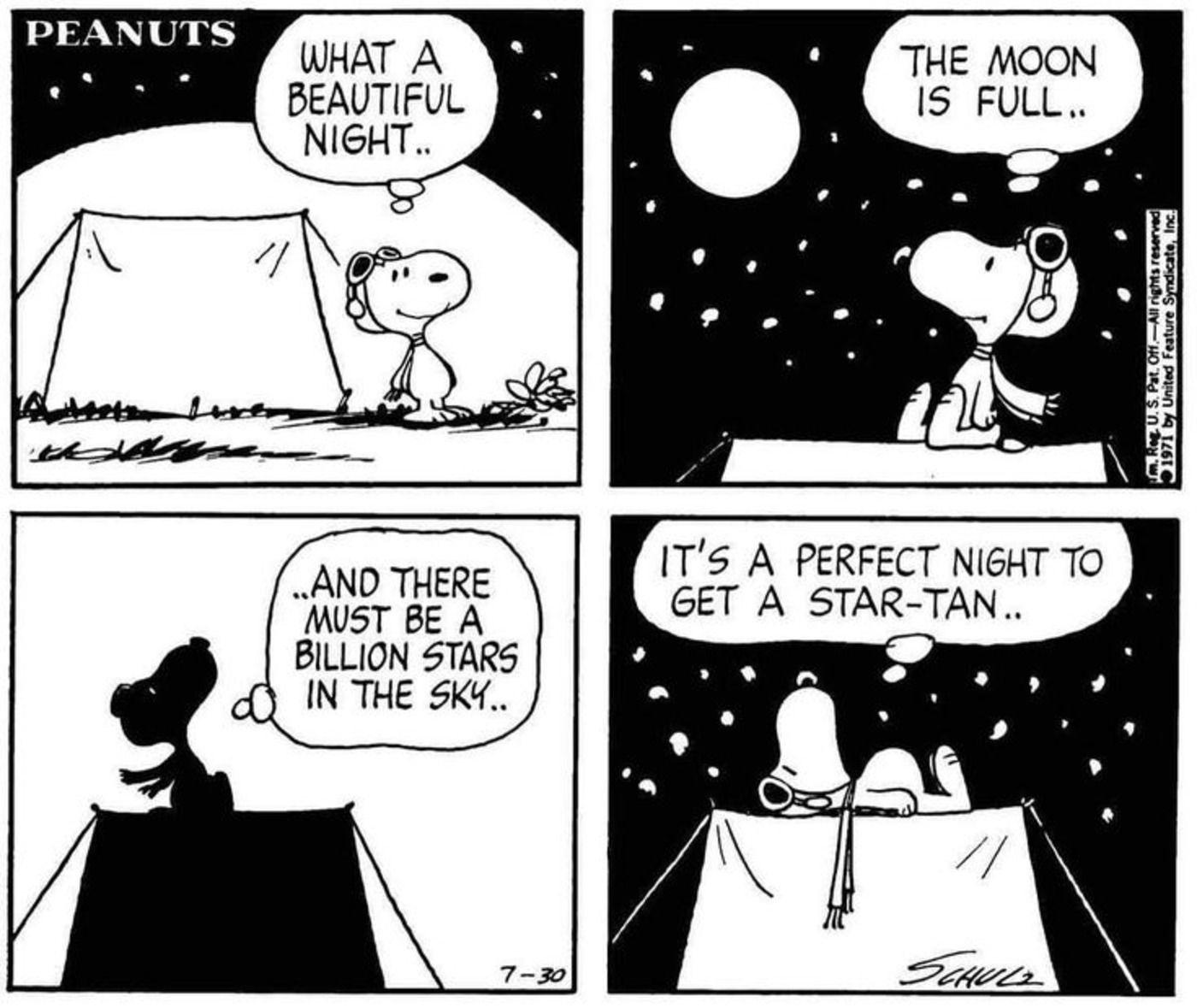 Snoopy as the Flying Ace looking at stars on the roof of his tent.