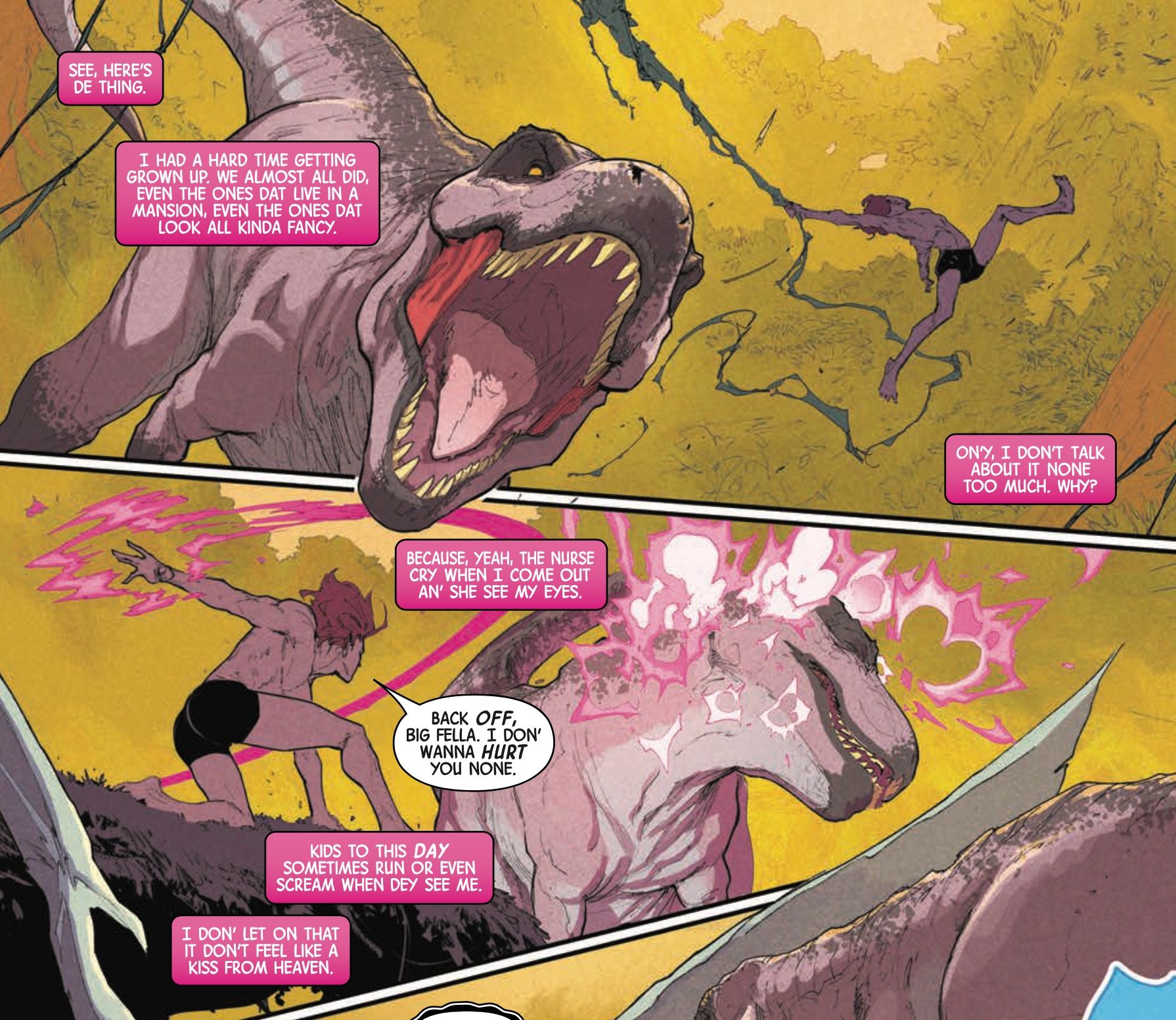 Uncanny X-Men #13: Gambit fights a dinosaur in the Savage Land