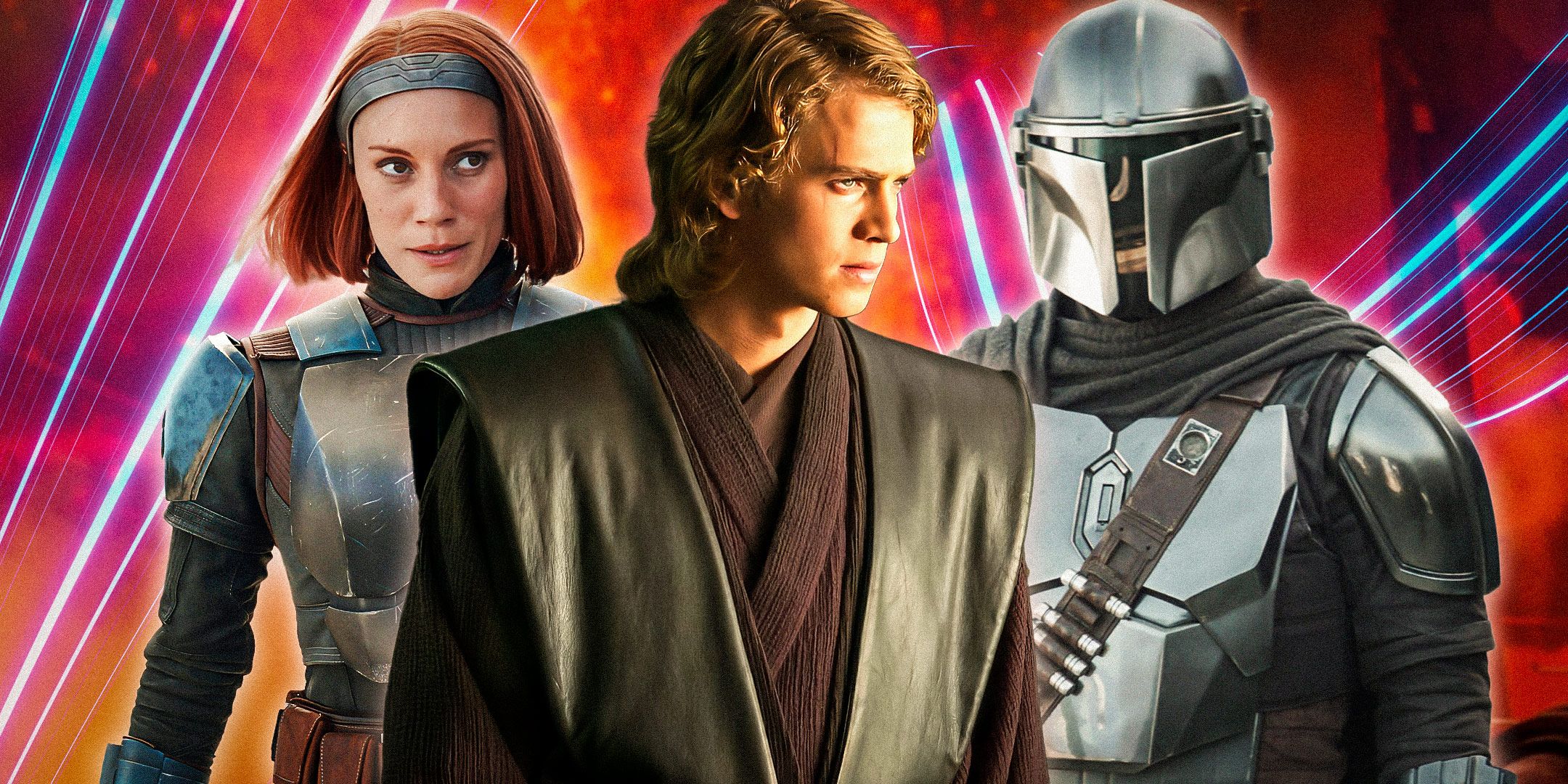 Anakin Skywalker in Revenge of the Sith in the middle, Bo-Katan Kryze in The Mandalorian to the left, and Din Djarin in The Mandalorinan to the right