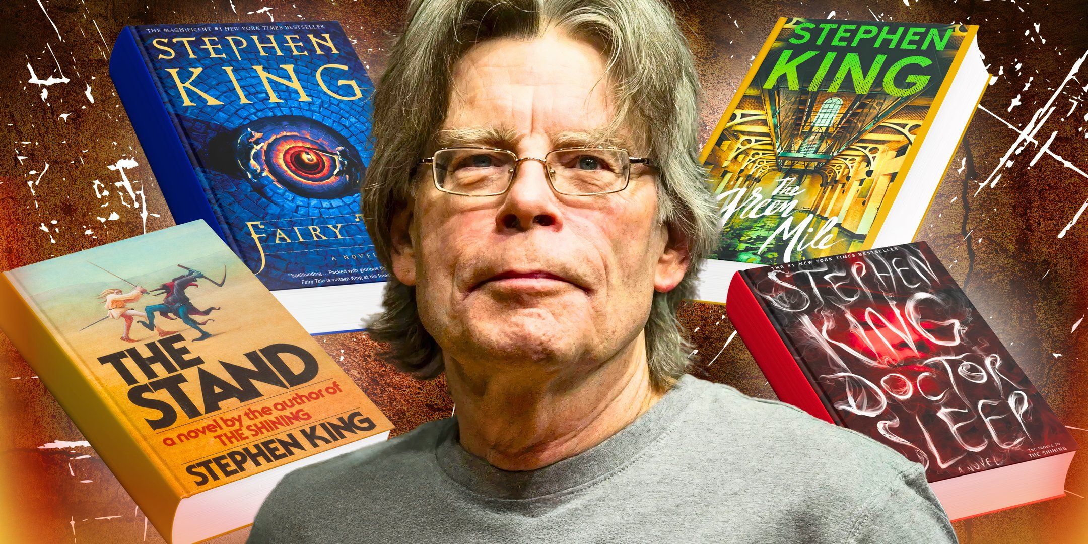 Stephen King on a background of his book covers