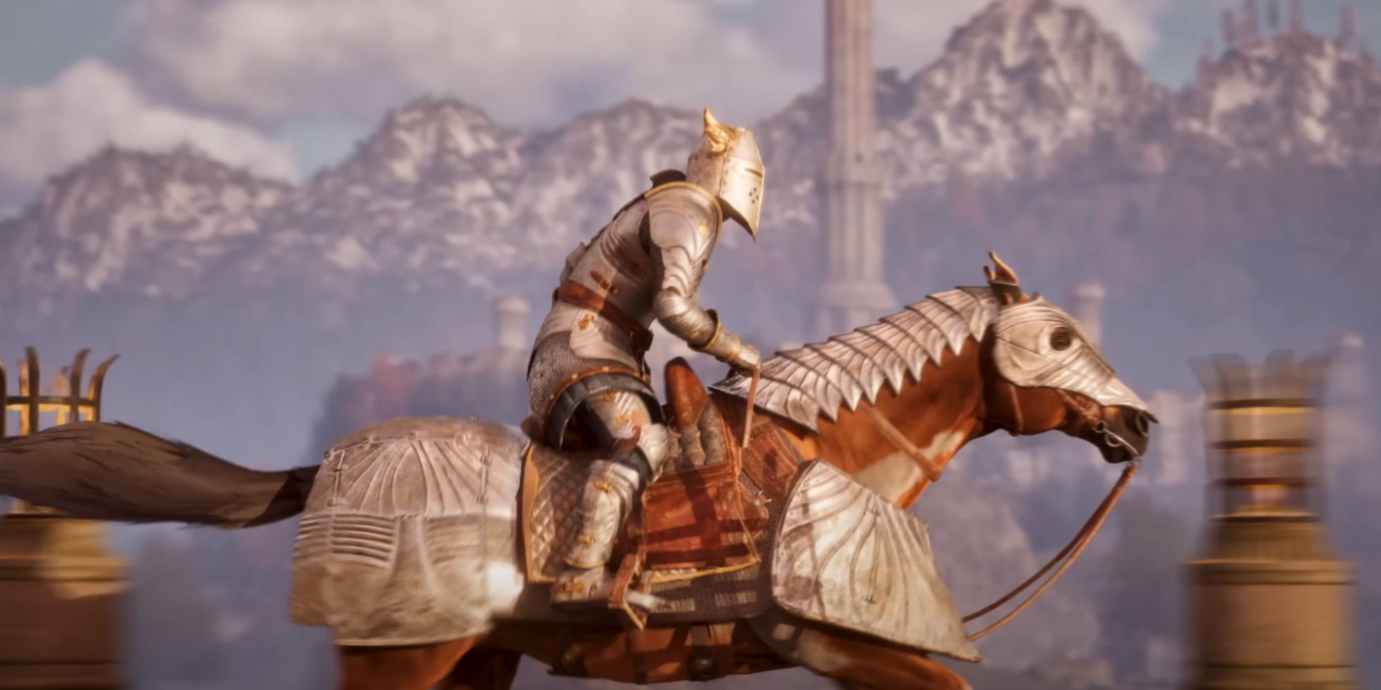 A character in Oblivion Remastered riding a horse and wearing gear from the Knights of the Nine quest