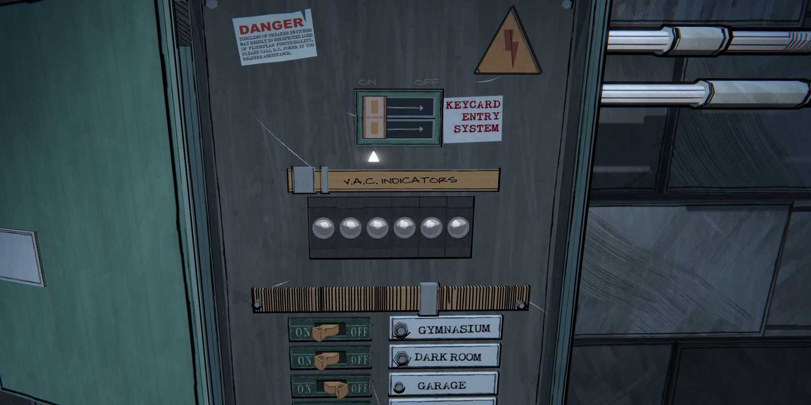 A closeup on the breaker box in Blue Prince.