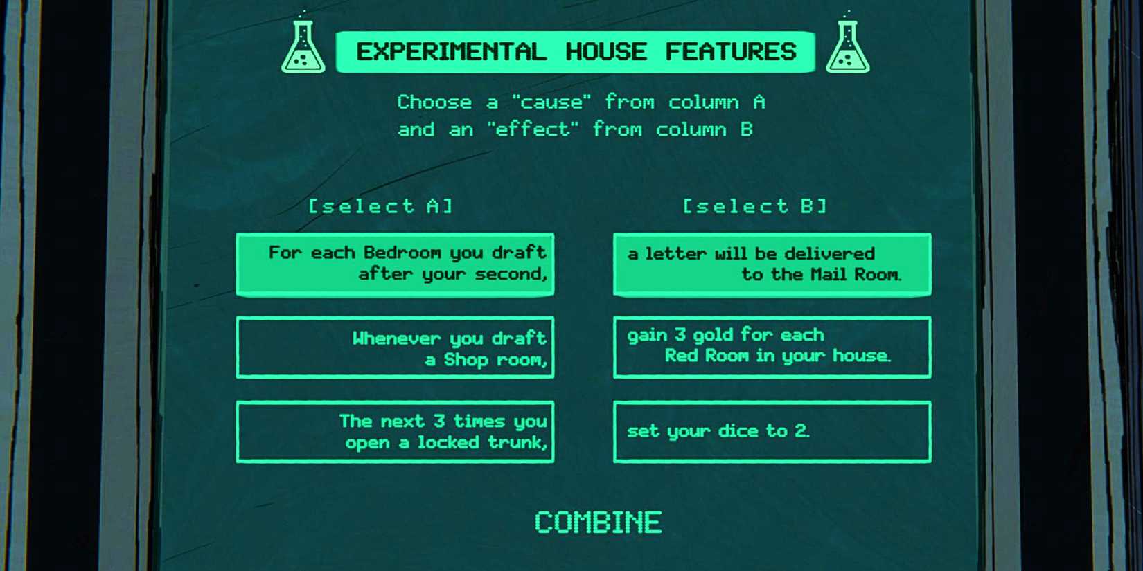 A computer terminal in Blue Prince showing various options for Experimental House Features in green.