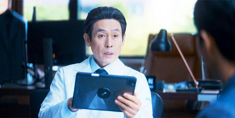A doctor, mid-conversation, in Hyper Knife