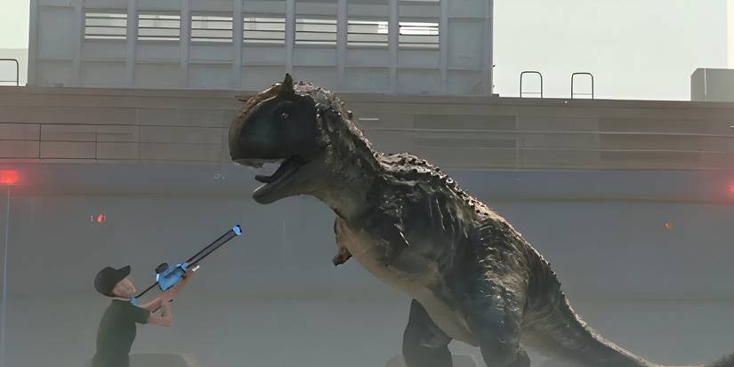 A DPW agent tries to sedate a green Carnotaurus in Jurassic World Chaos Theory
