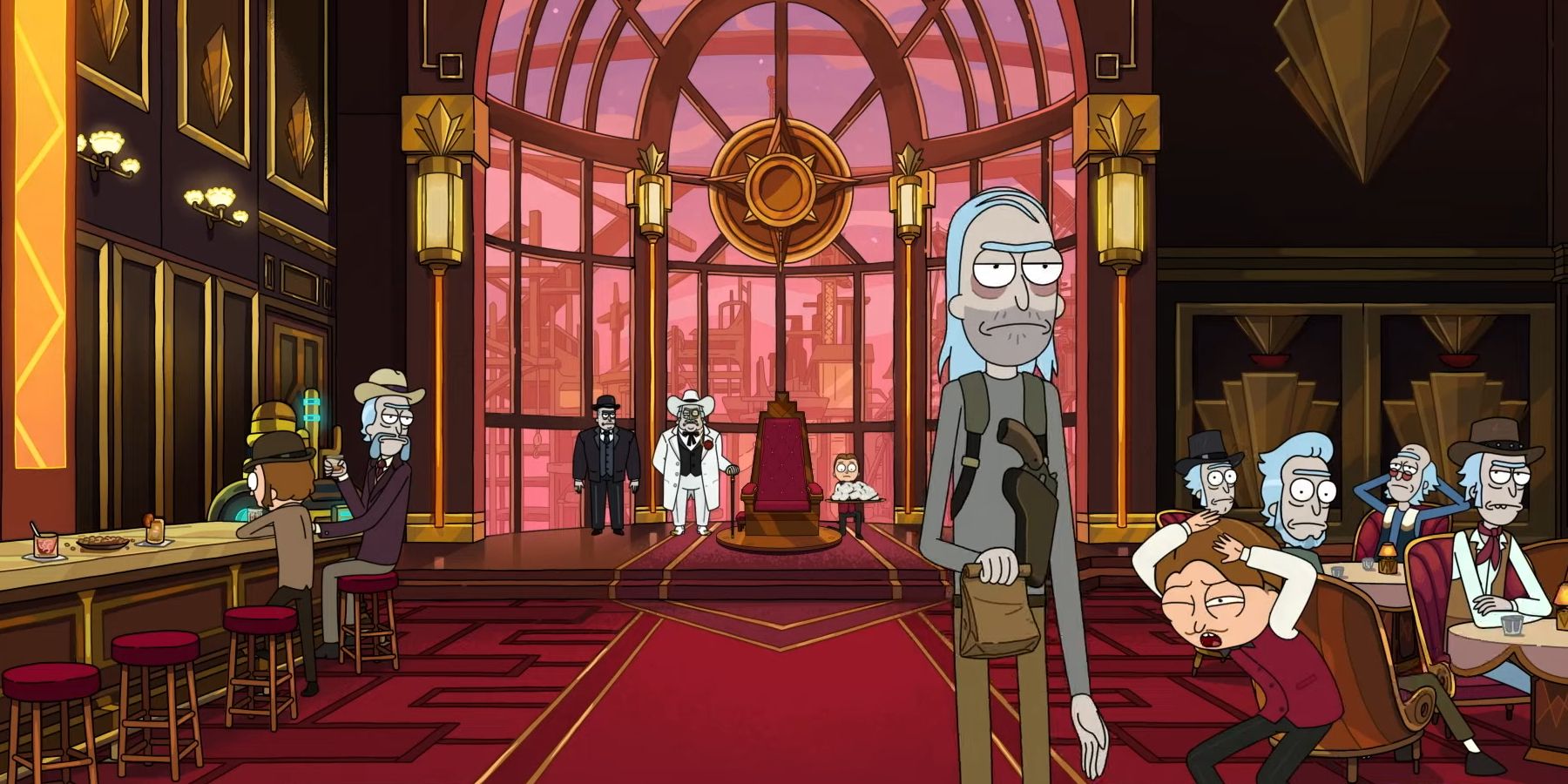 A group of Ricks inside a fancy building while a Morty holds his head in Rick and Morty season 8