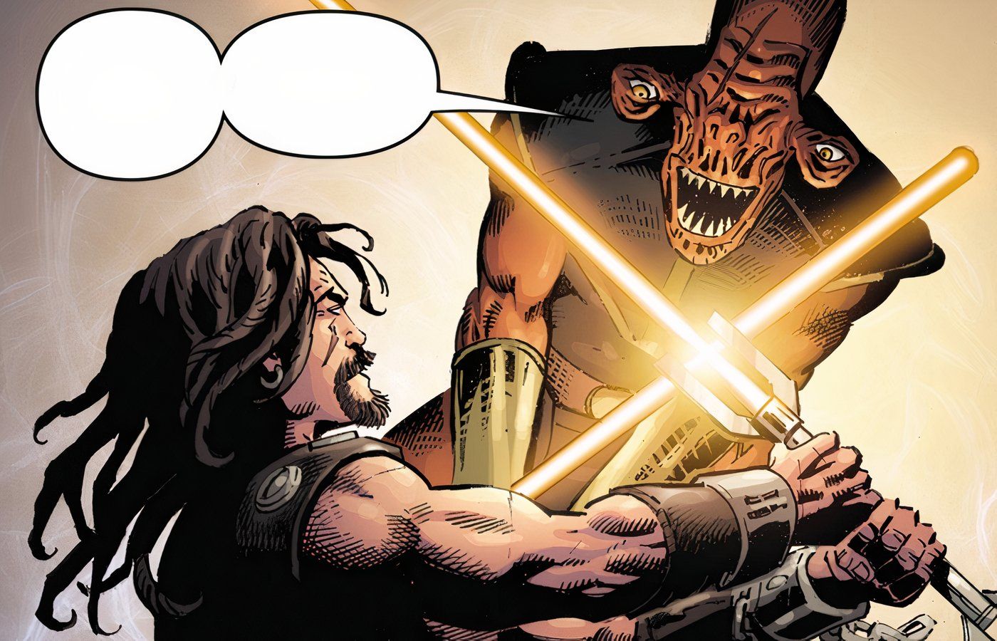 A Jedi fighting a Rakatan enemy in Star Wars.