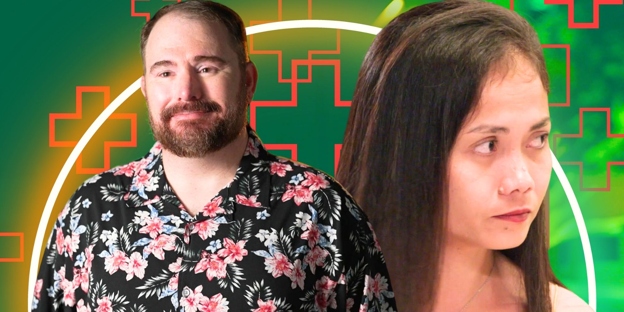 90 Day Fiancé's David Dangerfield has a slight smile and Sheila Mangubat looks serious