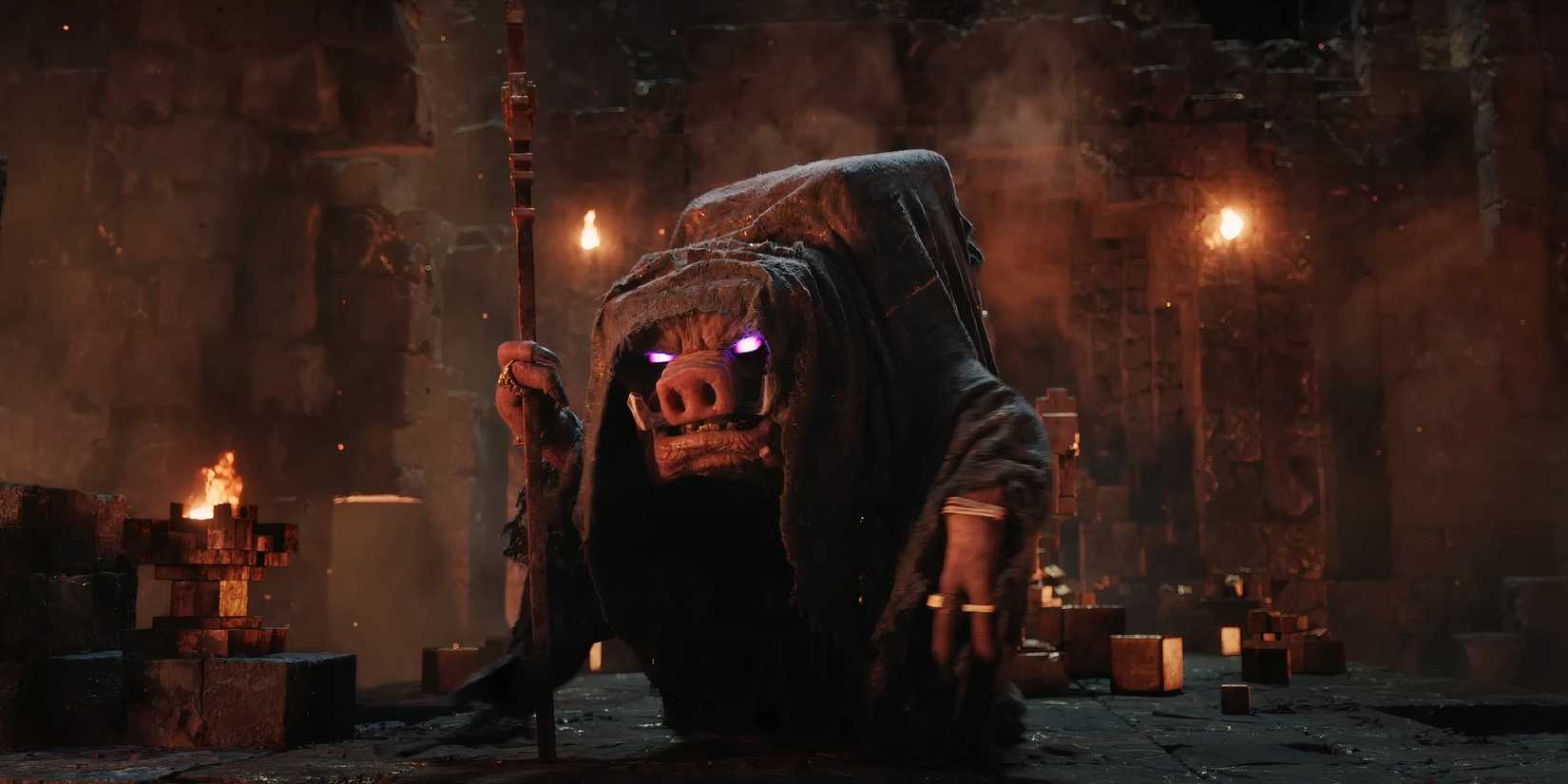 Malgosha hunched over with a cane in A Minecraft Movie