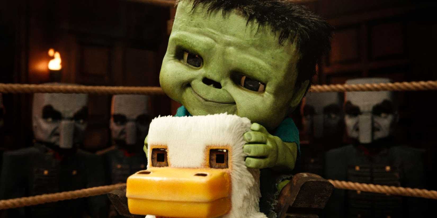 Zombie baby hugging a chicken in A Minecraft Movie