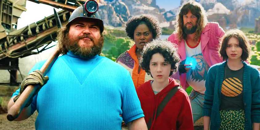 A composite image of Steve with a pickaxe and hardhat in front of the cast of A Minecraft Movie looking shocked.