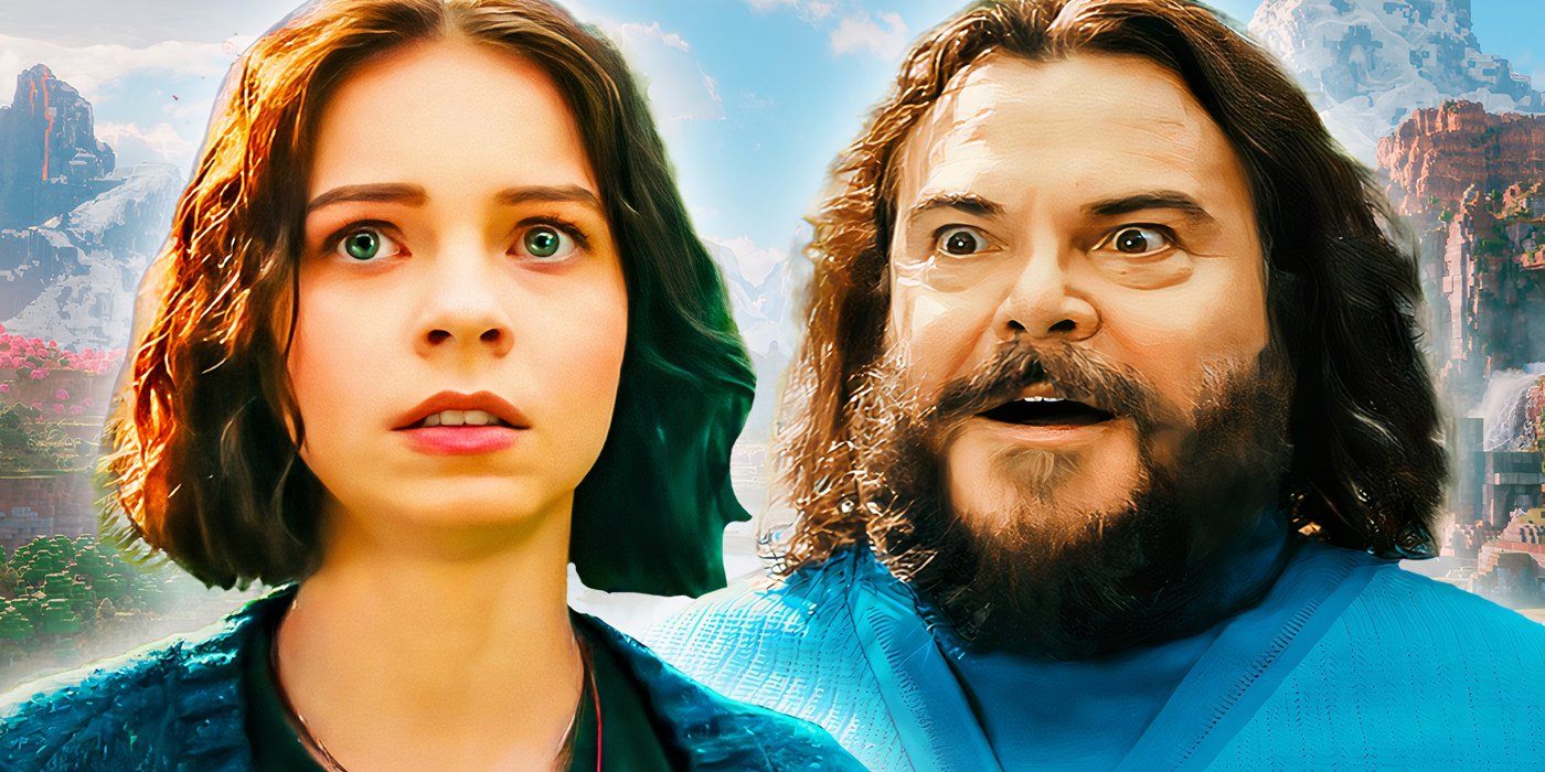 An edited image of Jack Black as Steve and Emma Myers as Natalie in A Minecraft Movie.