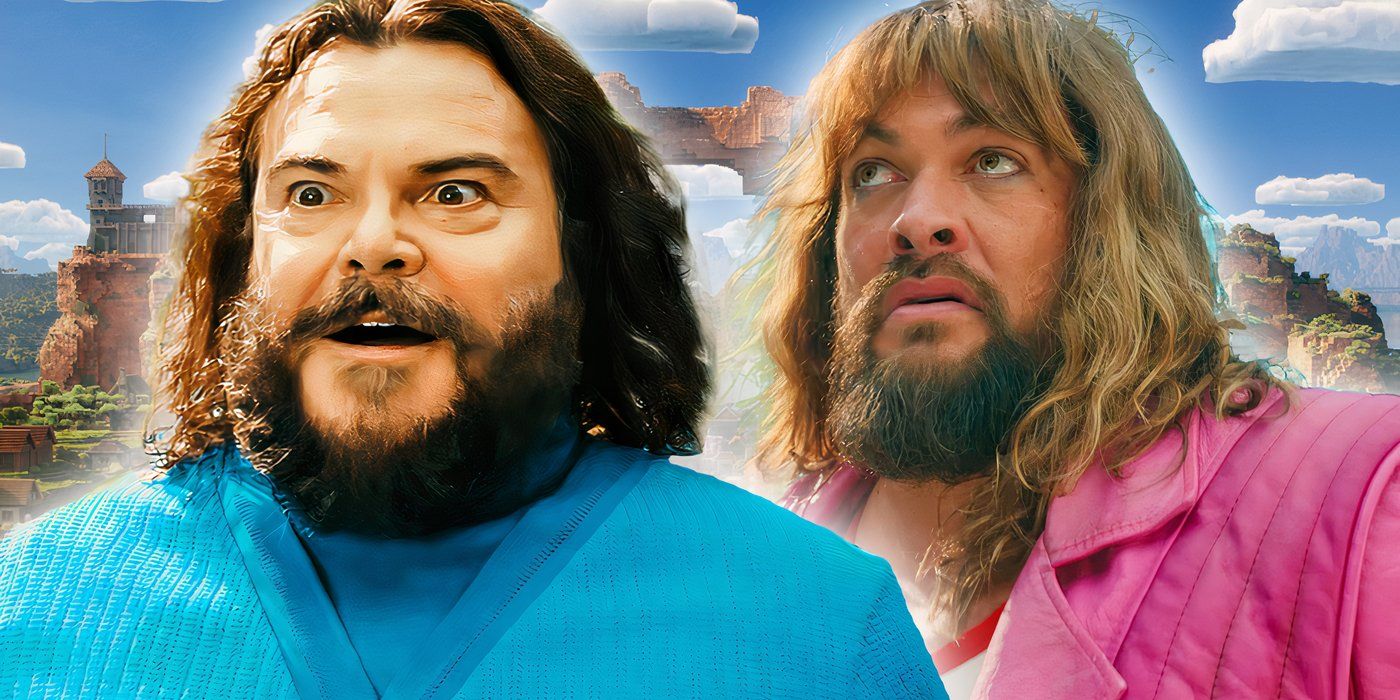 An edited image of Jack Black as Steve and Jason Momoa as Garrett Garrison in A Minecraft Movie.