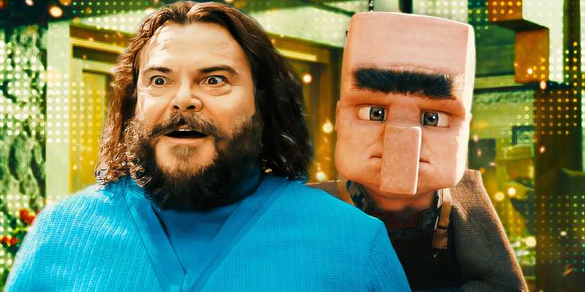 Jack Black and a Villager from A Minecraft Movie