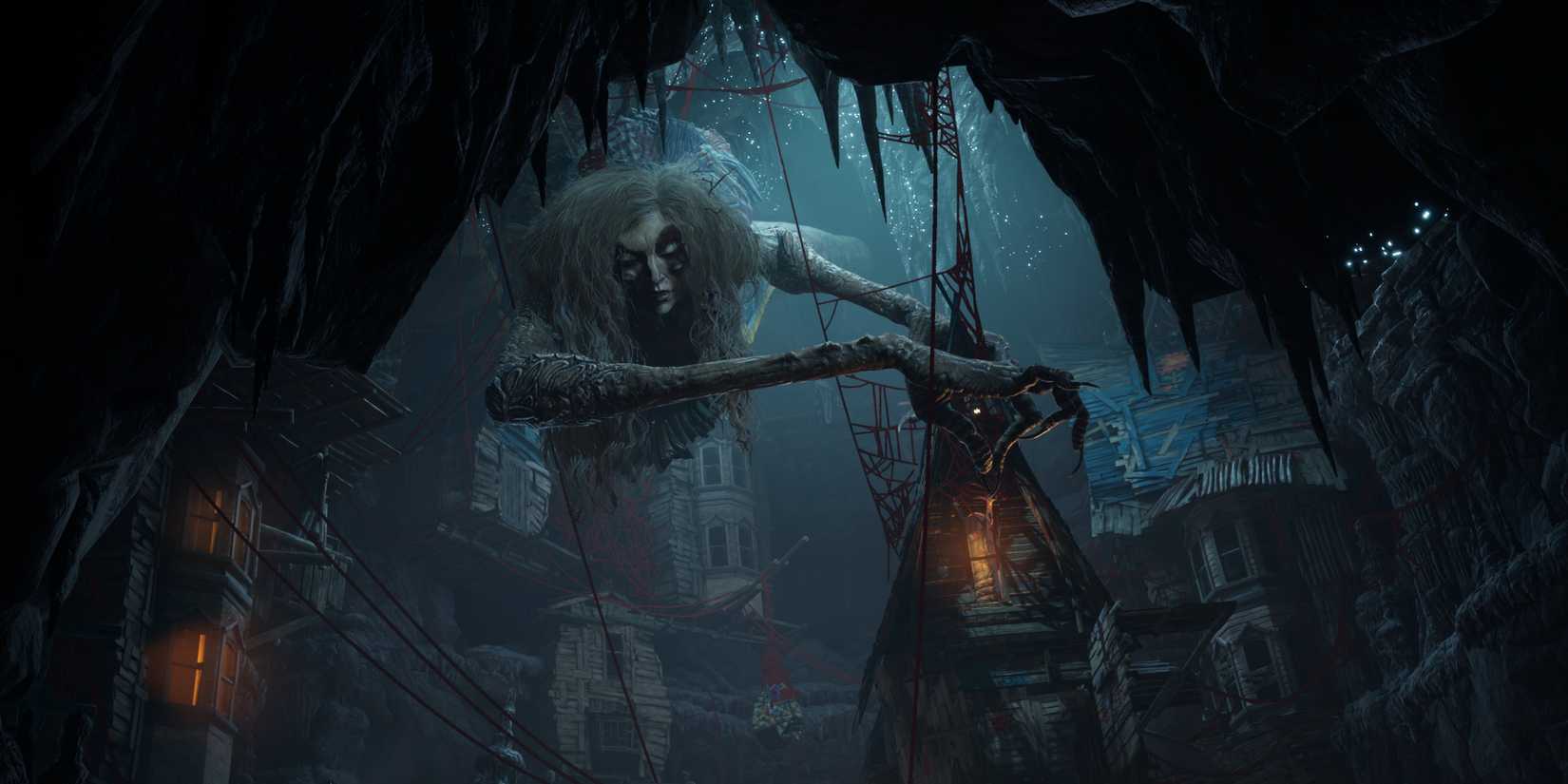 A mythical South of Midnight creature looming over buildings in a dark cave.