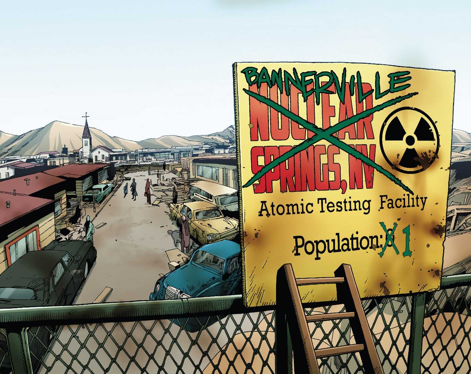 A Sign That Reads 'Nuclear Springs' But It's Cross Out With 'Bannerville'
