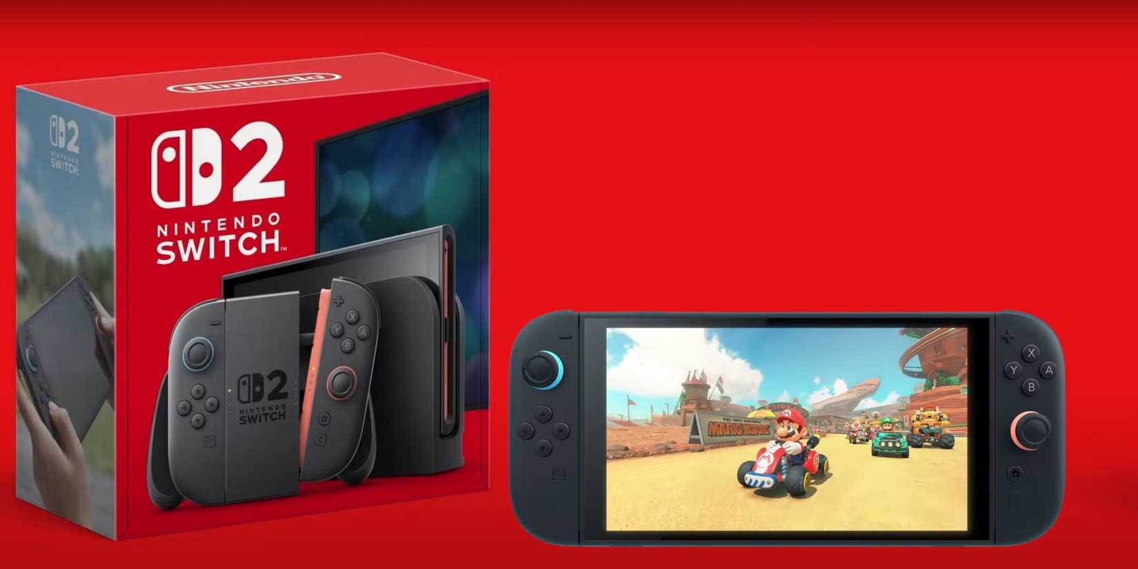 A Switch 2 Console running Mario Kart World next to a Switch 2 box.