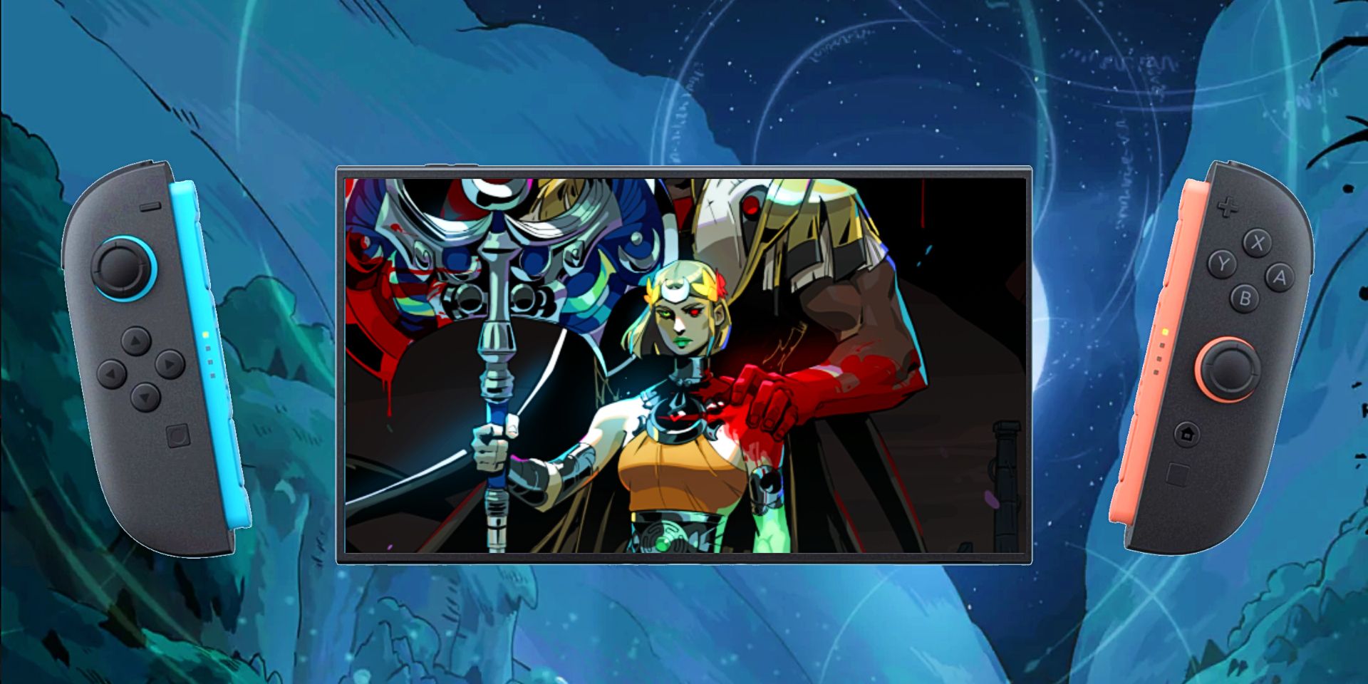 A Switch 2 with key art from Hades 2 on its screen, in front of a nighttime background also from Hades 2.