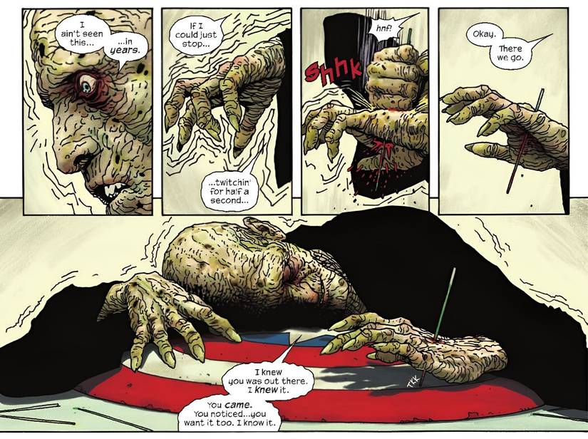 A Terrifying Villains Stabs His Hand to Keep it Steady While Holding Captain America's Shield