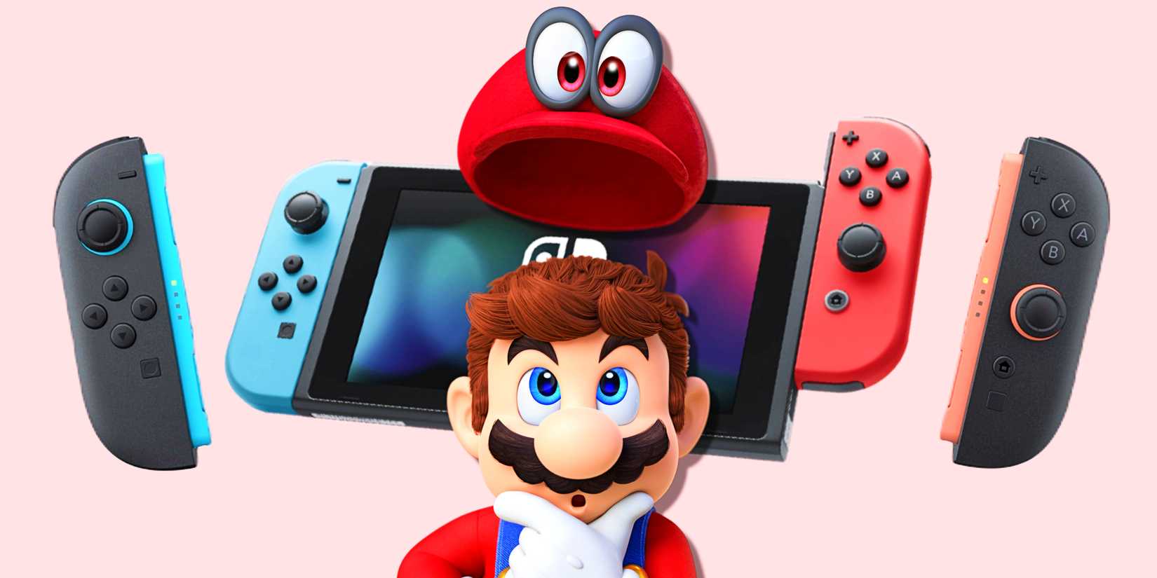 A thoughtful Mario with a Switch and Switch 2.