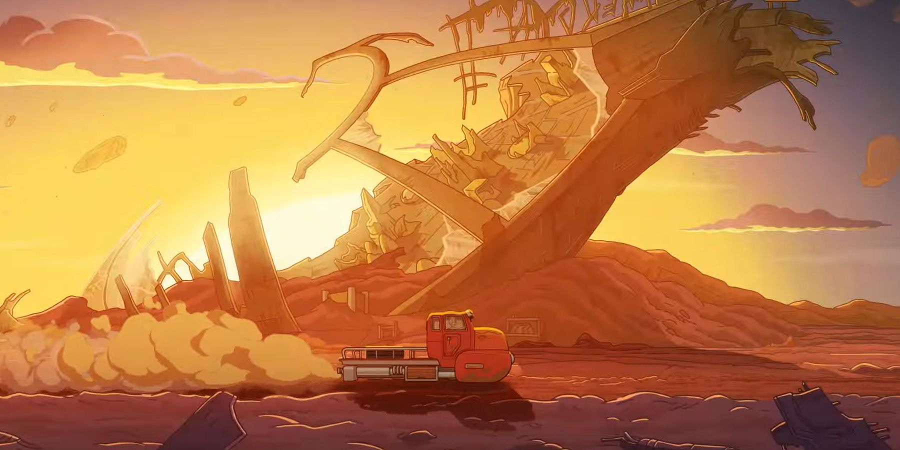 A vehicle driving past a destroyed building that looks like part of the Citadel in Rick and Morty season 8
