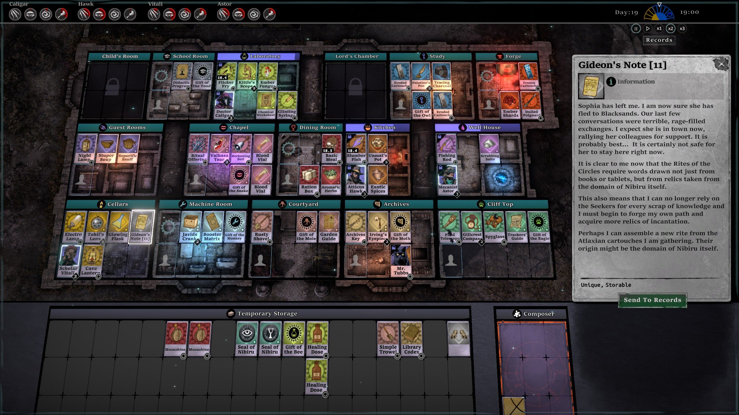 A View of the Highrook Estate Game Board in The Horror at Highrook with a Focus on a Gideons Note Document