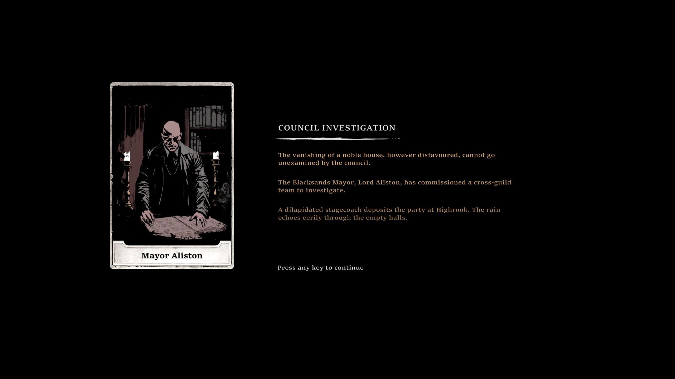 A view of the intro sequence of The Horror at Highrook with an image of Blacksands Mayor
