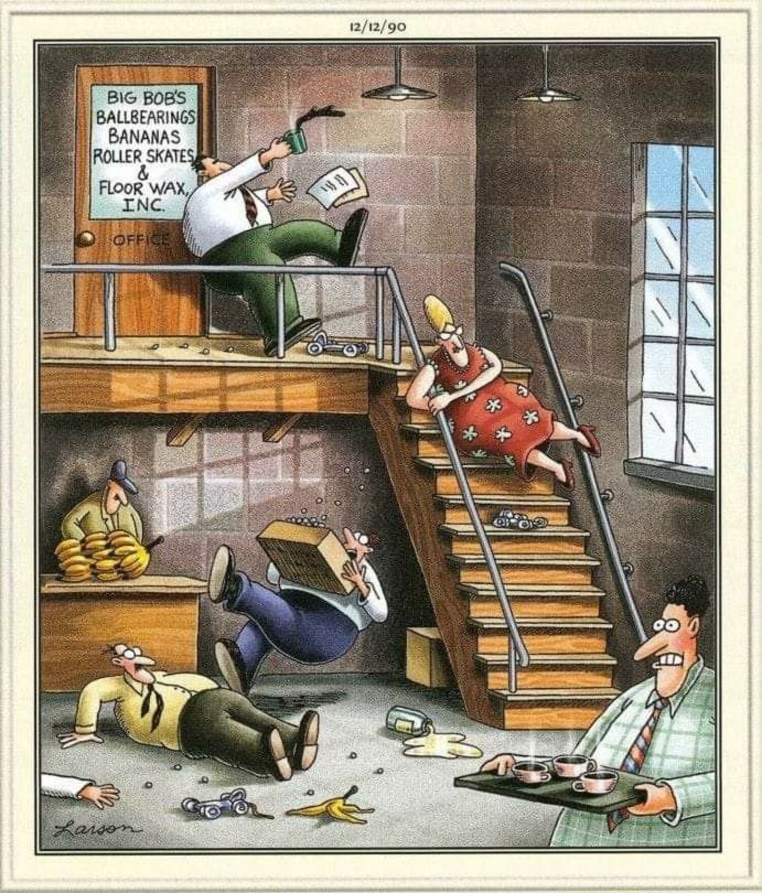 The Far Side, people falling in a banana peel factory.