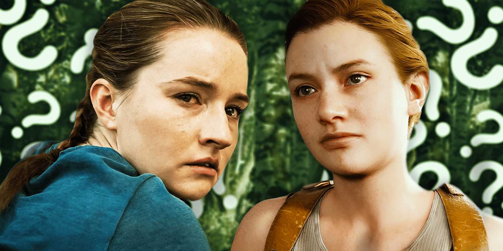 Kaitlyn Dever as Abby in The Last of Us Season 2 and Abby in the The Last of Us Part II surrounded by Question Marks