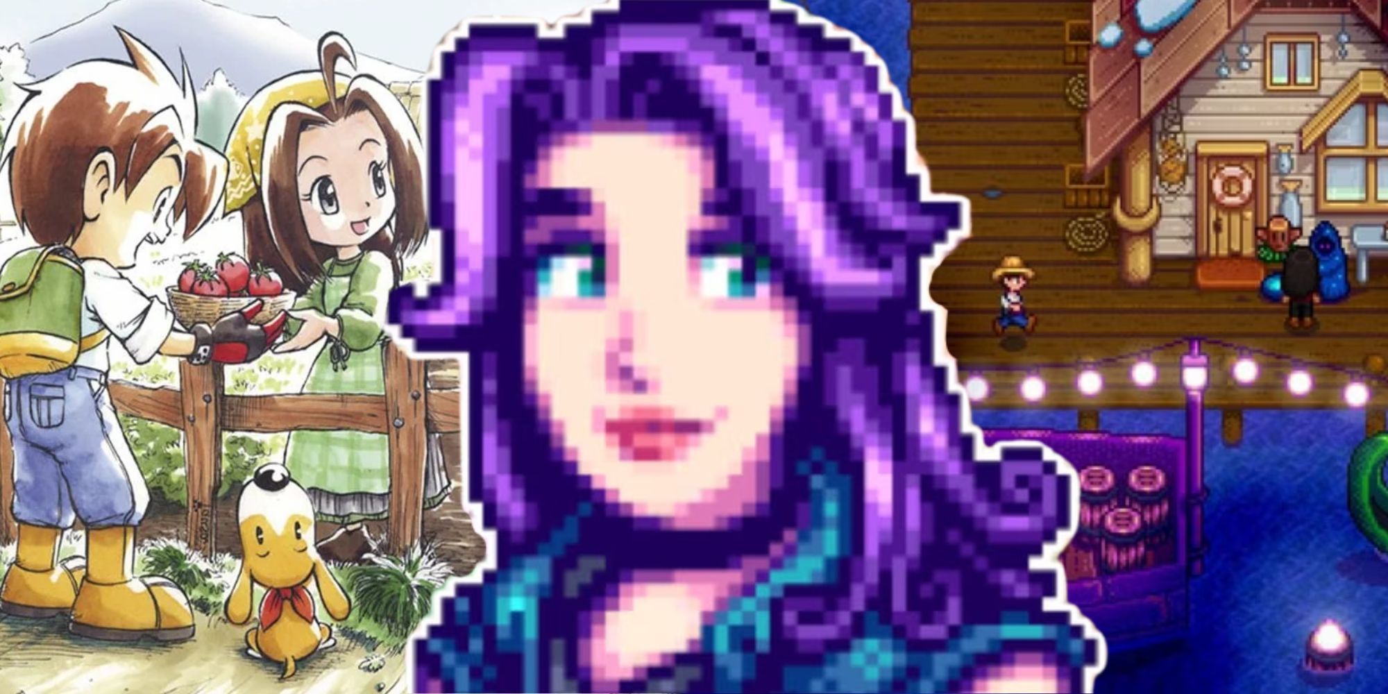 Abigail from Stardew Valley looking at Stardew Valley gameplay and away from Harvest Moon art