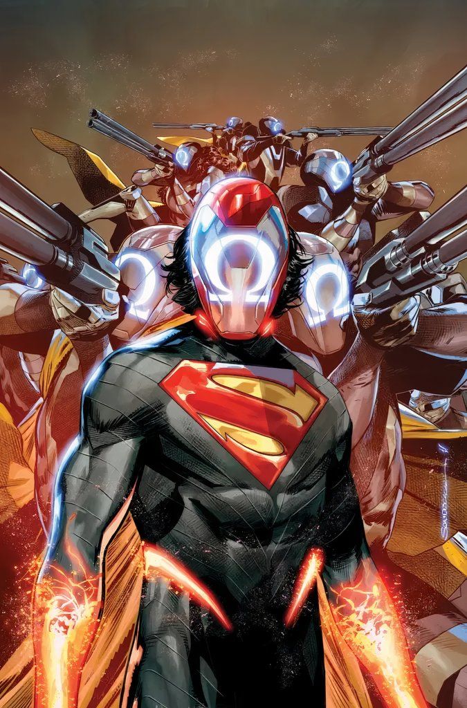 Absolute Superman #9 cover showing Superman standing with an Omega Men mask on
