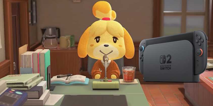 A screenshot of Isabelle from Animal Crossing New Horizons with a PNG of a Switch 2