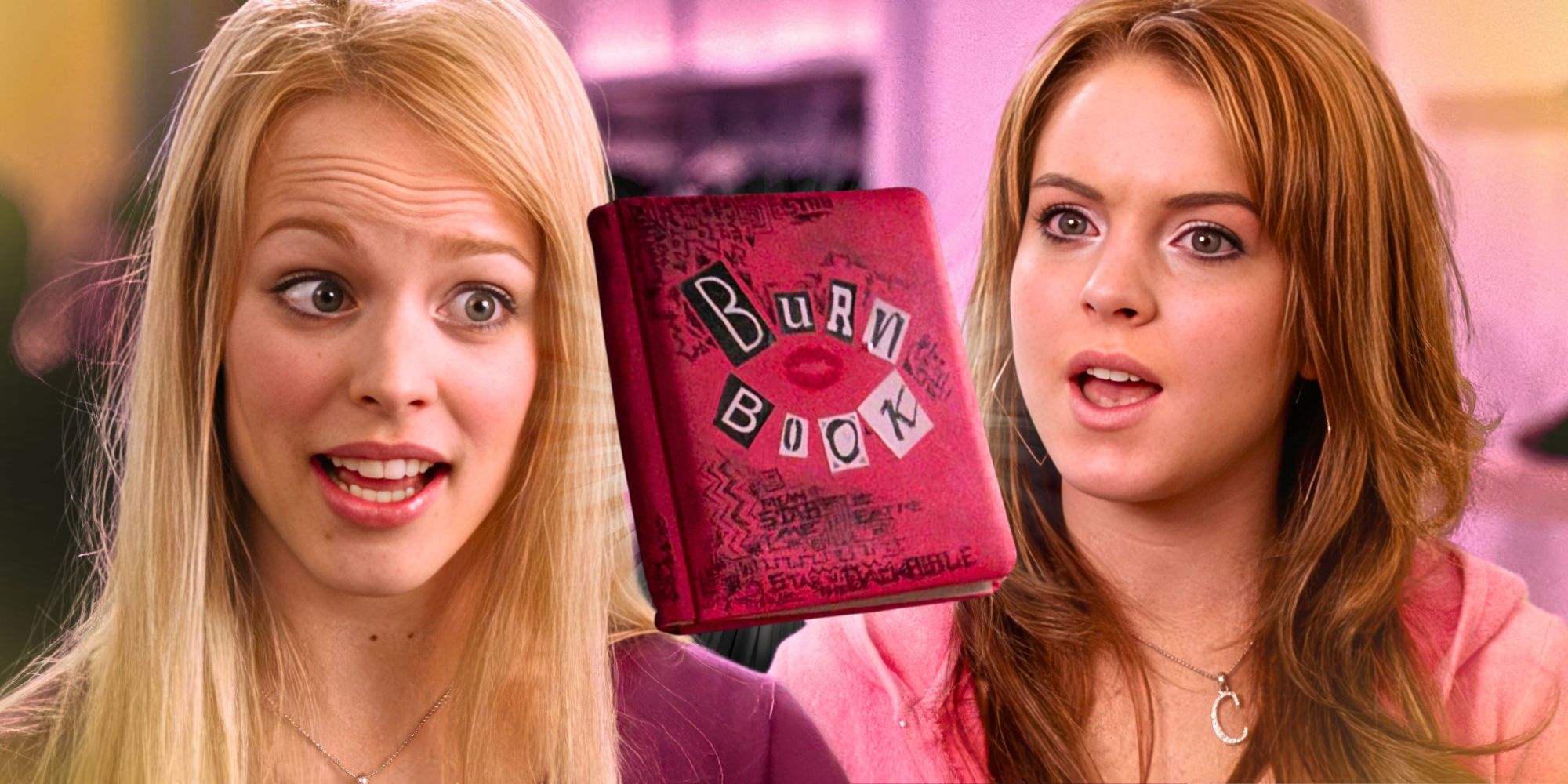 Lindsay Lohan as Cady and  Rachel McAdams as Regina looking surprised, and the Burn Book in the middle