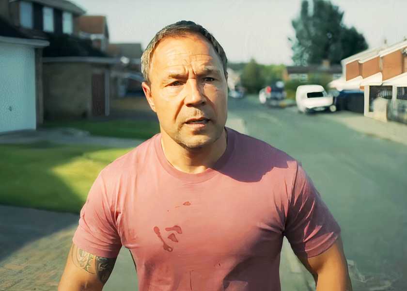 Stephen Graham walking down the street in distress in Adolescence