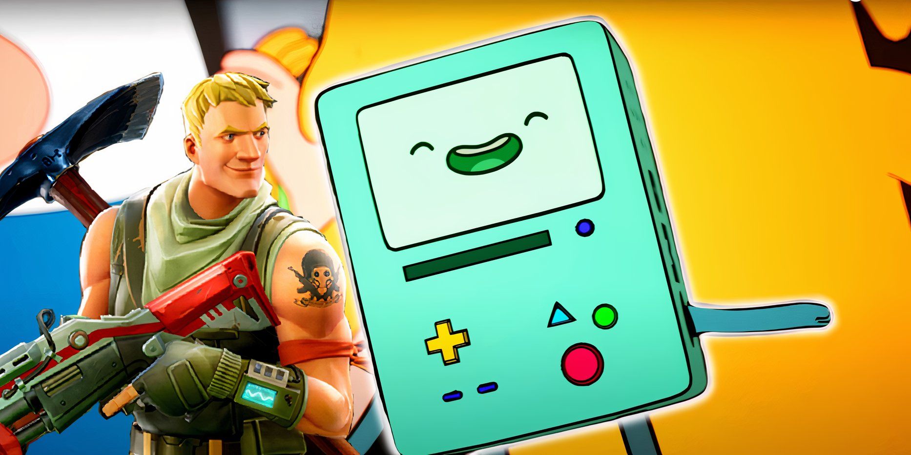 Adventure time happy bmo with a fortnite character looking at it