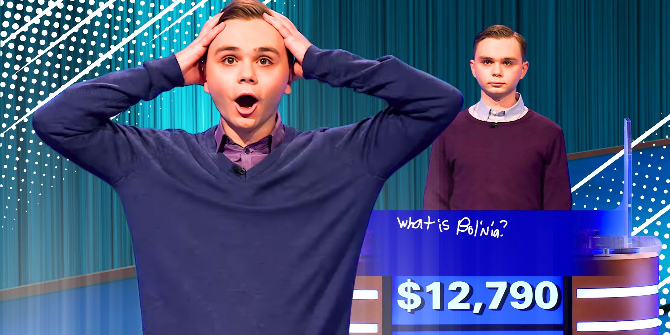 Jeopardy!’s Liam Starnes holds his hands on his head with a shocked expression, next to Liam with a neutral expression, in a montage image.