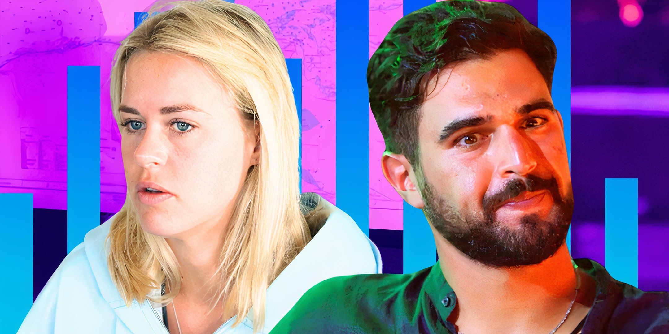 side by side image of Below Deck Down Under Season 3&rsquo;s Alesia Harris and Johnny Arvanitis looking serious