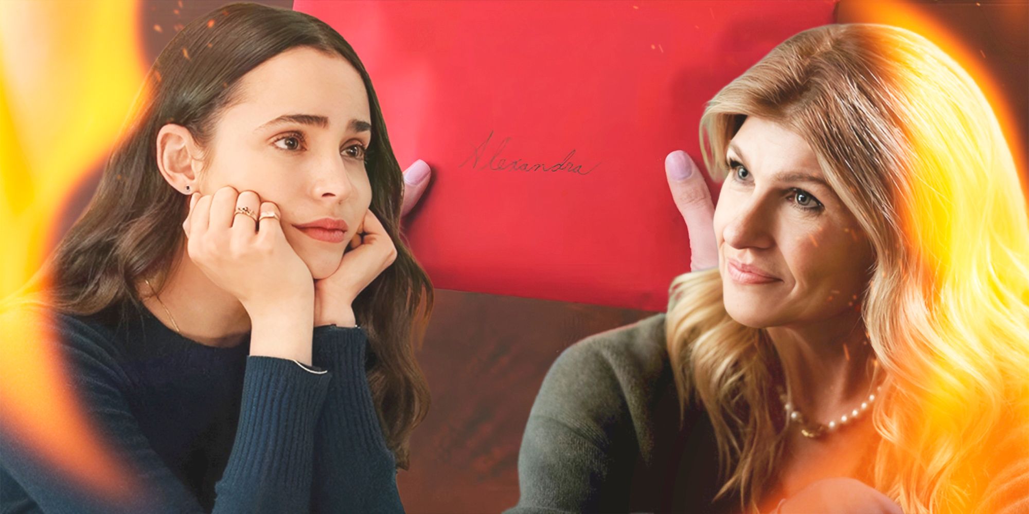 Alex (Sofia Carson) to the left and Elizabeth (Connie Britton) to the right both from The Life List and the red envelope from the movie in the background