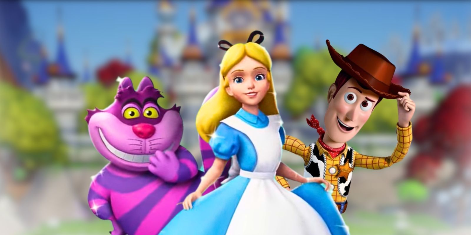 Alice, the cheshire cat, and Woddy in Disney Dreamlight Valley